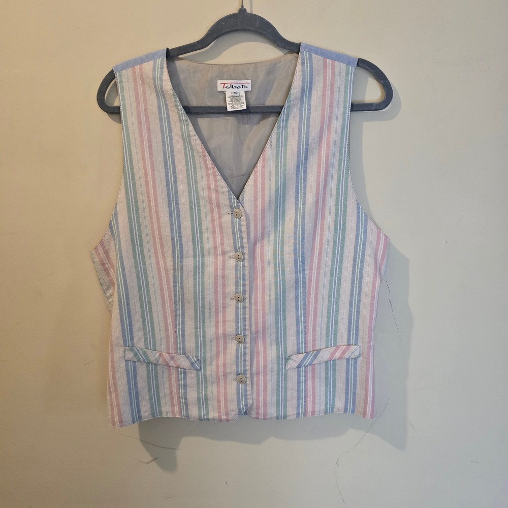 Vintage 90s Talbots Vest Women M Multicolor Pastel Stripe Cotton Preppy Coastal